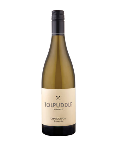 Wine bottle with Tolpuddle Vineyard label on a white background